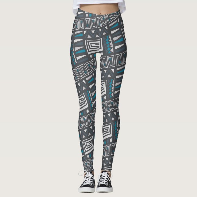 Modern Monochrome Tribal Geometric Pattern Leggings (Front)