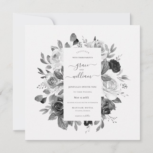 Modern Monochrome  White Floral Square Wedding Invitation (Front)
