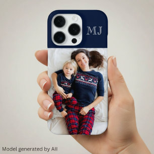 Modern Monogram 1 Photo Navy Blue iPhone 16 Pro Case