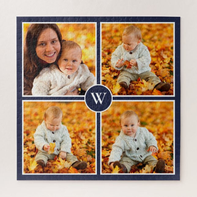 Modern Monogram 4 Photo Collage on Navy Blue Jigsaw Puzzle (Vertical)