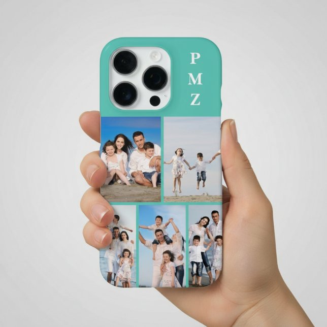 Modern Monogram 5 Photo Collage Aqua Blue Teal iPhone Case (Creator Uploaded)