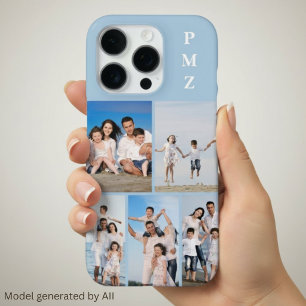 Modern Monogram 5 Photo Collage Baby Blue iPhone 16 Pro Case