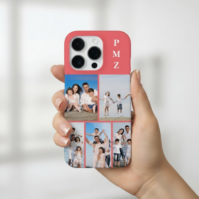 Modern Monogram 5 Photo Collage Coral Pink iPhone Case (Creator Uploaded)