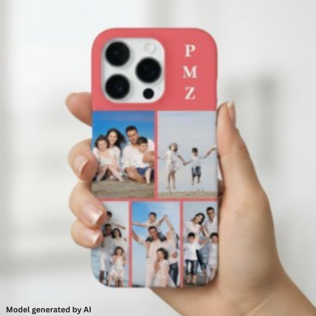 Modern Monogram 5 Photo Collage Coral Pink iPhone Case (Creator Uploaded)