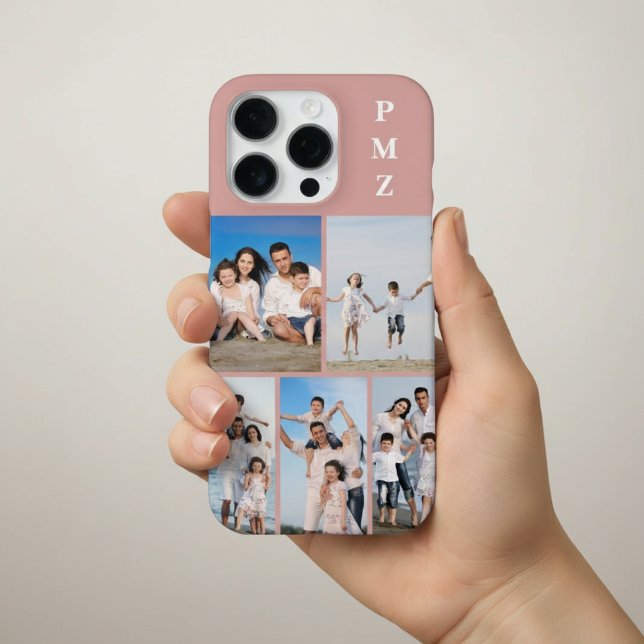 Modern Monogram 5 Photo Collage Dusty Rose iPhone Case (Creator Uploaded)