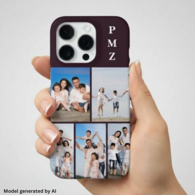 Modern Monogram 5 Photo Collage Plum Purple iPhone Case (Creator Uploaded)