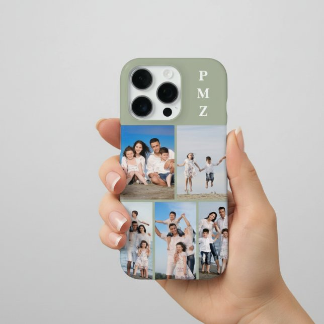 Modern Monogram 5 Photo Collage Sage Green iPhone Case (Creator Uploaded)