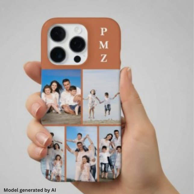 Modern Monogram 5 Photo Collage Terracotta iPhone Case (Creator Uploaded)
