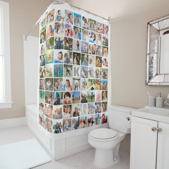 Modern Monogram 80 Photo Collage Custom Shower Curtain (In Situ)