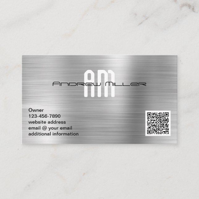 Modern Monogram Add QR Code Faux Brushed Metal Business Card (Front)
