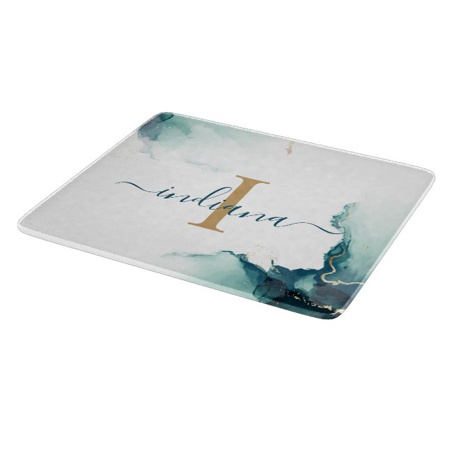 Modern Monogram Agate Script Keepsake Cutting Board (Corner)