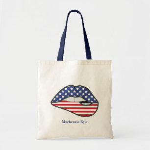 Modern Monogram American Flag Lips Tote Bag