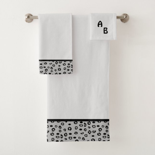 Modern Monogram and Leopard Pattern on Silver Grey Bath Towel Set (Insitu)