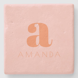 Modern Monogram and Name Pink and Orange  Stone Coaster
