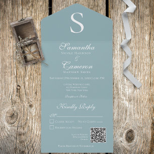 Modern Monogram Aqua Blue QR Code All In One Invitation