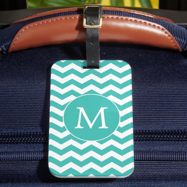 Modern Monogram Aqua Chevron Stripes Pattern Luggage Tag (Front Insitu 2)