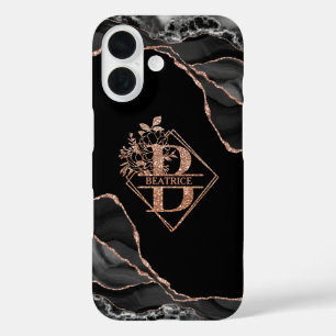 Modern Monogram B Black Agate Marble Rose Gold  iPhone 16 Case