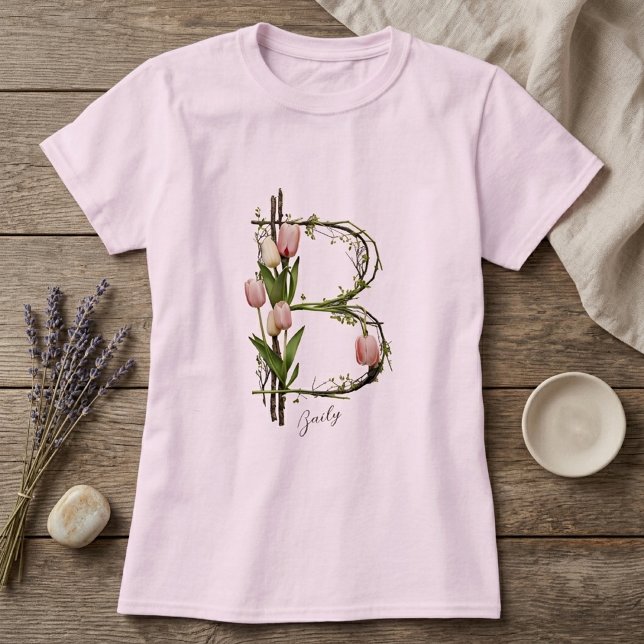 Modern Monogram B: Tulips, Bark & Vines T-Shirt (Creator Uploaded)
