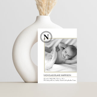 Modern Monogram Baby Boy Birth Announcement Card