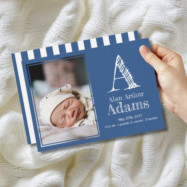 Modern Monogram Birth Stats | Blue Photo Announcement (Creator Uploaded)