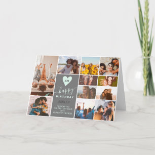Modern monogram birthday teal 12 photo collage card