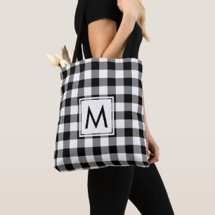 Modern Monogram Black and White Gingham Pattern Tote Bag