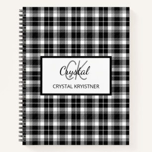 Modern Monogram Black and White Plaid Notebook