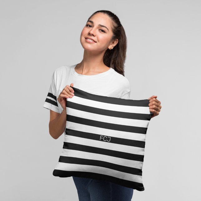 Modern Monogram Black and White Stripes Cushion (Creator Uploaded)