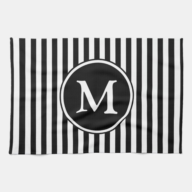Modern Monogram Black And White Stripes Tea Towel (Horizontal)
