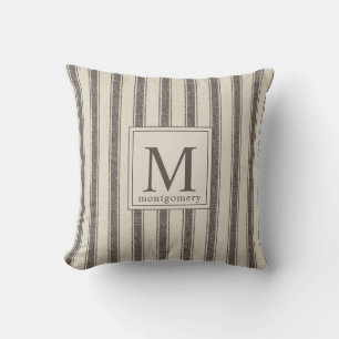 Modern Monogram Black Beige l Farmhouse Ticking  Cushion
