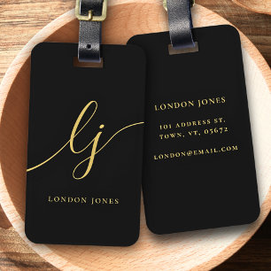 Modern Monogram Black Gold Calligraphy Script Name Luggage Tag