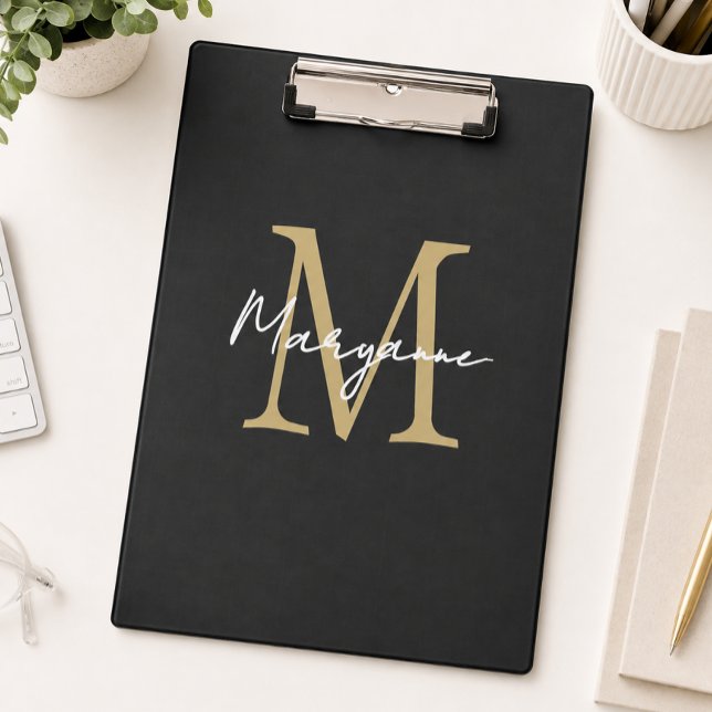 Modern Monogram Black Gold Clipboard (Creator Uploaded)