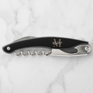 Modern Monogram Black Gold Elegant Script Name Corkscrew