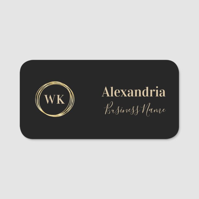 Modern Monogram Black Gold Employee Name Tag (Front)