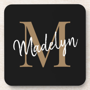 Modern Monogram Black Gold Feminine Script Name Coaster