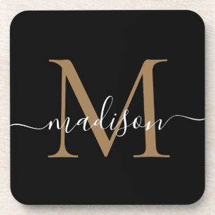 Modern Monogram Black Gold Feminine Script Name Coaster