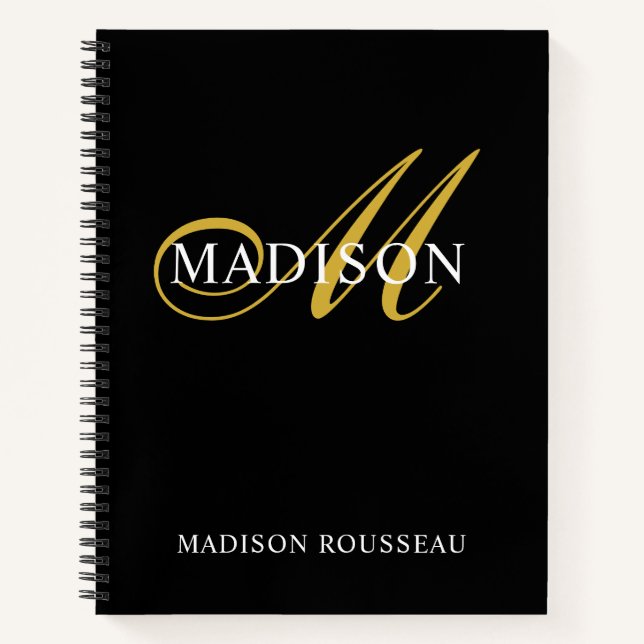 Modern Monogram Black Gold Flourish Script  3 Ring Notebook (Front)
