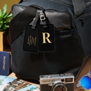 Modern Monogram Black Gold Luggage Tag