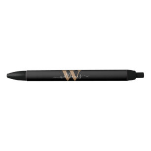 Modern Monogram Black Gold Script Initial Name Ink Pen