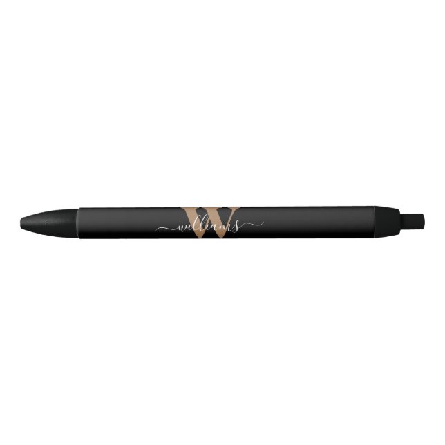 Modern Monogram Black Gold Script Initial Name Ink Pen (Front)