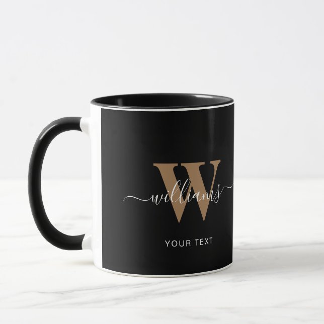 Modern Monogram Black Gold Script Initial Name Mug (Left)