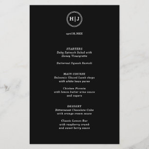 Modern Monogram Black Paper Menu