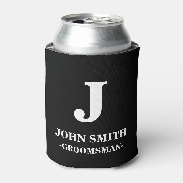 Modern Monogram Black Personalised Groomsman Can Can Cooler (Can Front)