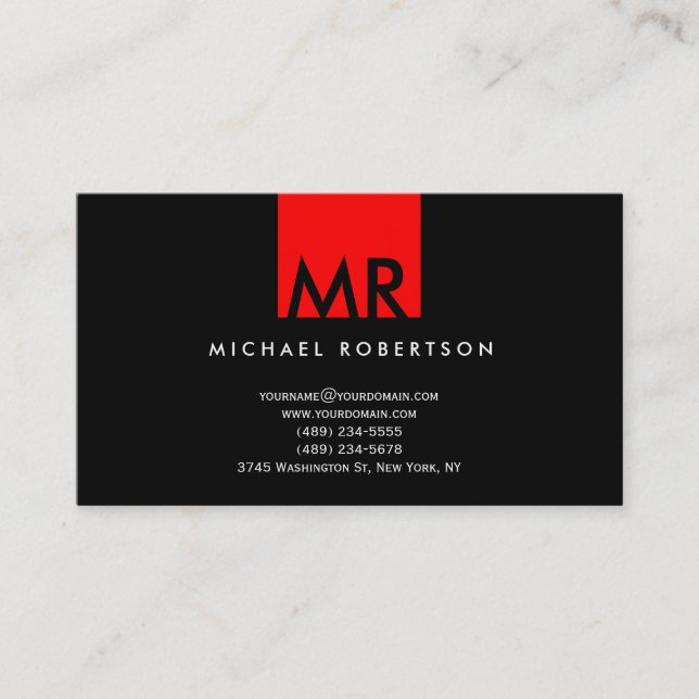 Modern Monogram Black Red Clean Business Card (Front)
