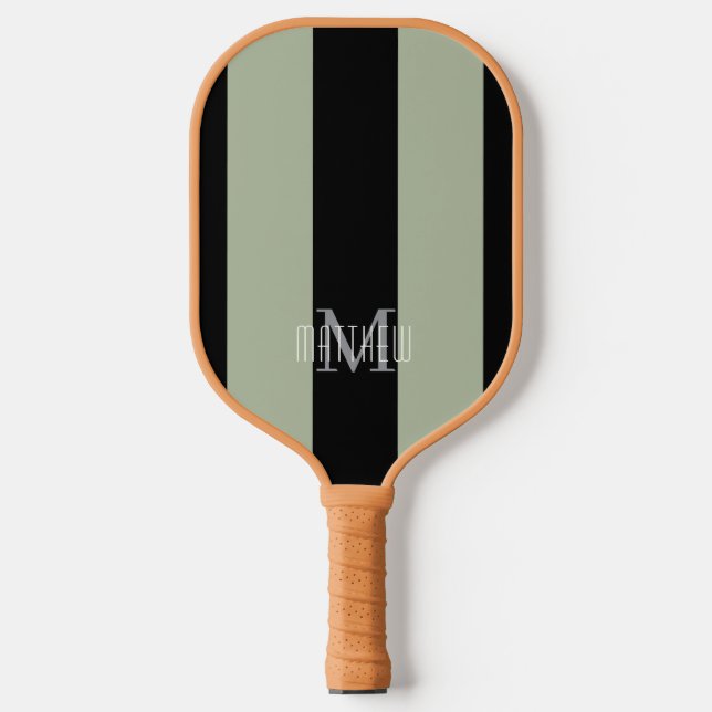 Modern Monogram Black | Sage Green Stripe Pickleball Paddle (Front)