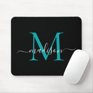 Modern Monogram Black Teal Green Chic Girly Script Mouse Pad