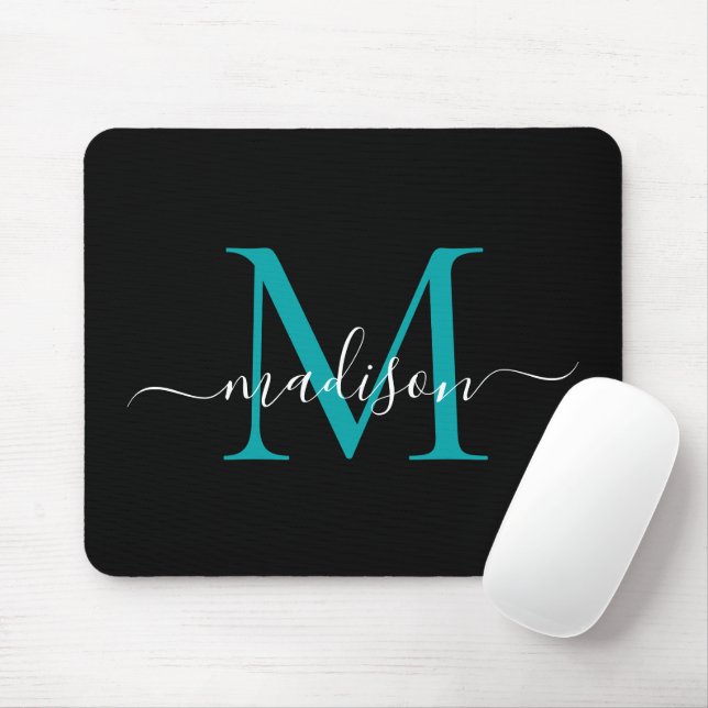 Modern Monogram Black Teal Green Chic Girly Script Mouse Pad (With Mouse)