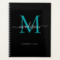 Modern Monogram Black Teal Green Girly Script 2021