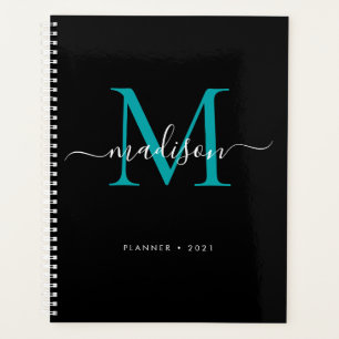 Modern Monogram Black Teal Green Girly Script 2021 Planner