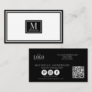 Modern Monogram Black & White Border Logo QR  Business Card